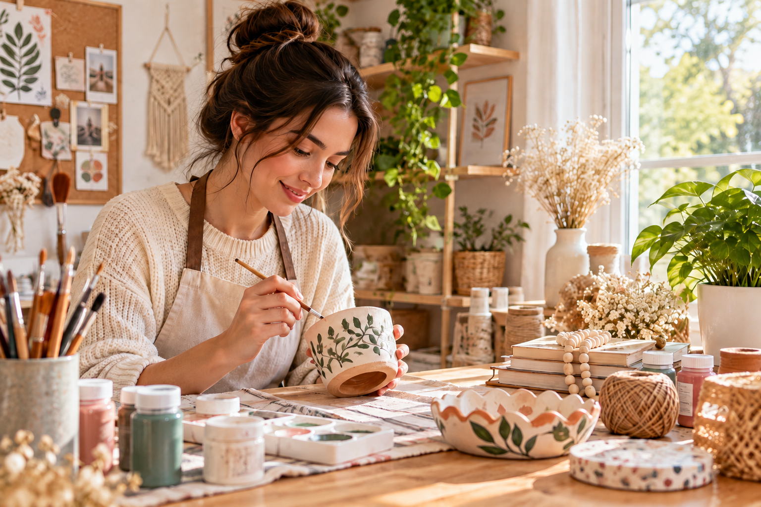 Woman hand-painting a ceramic plant pot in a bright, cozy DIY craft studio with paints, brushes, plants, and handmade decor